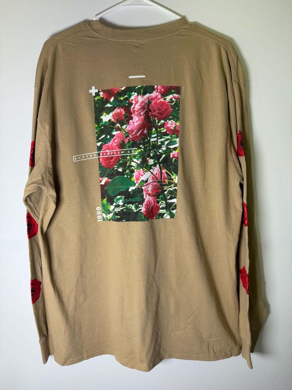 Empyre Vertigo Rose Long Sleeve T-Shirt, Size XL, Tan with Red Rose Print